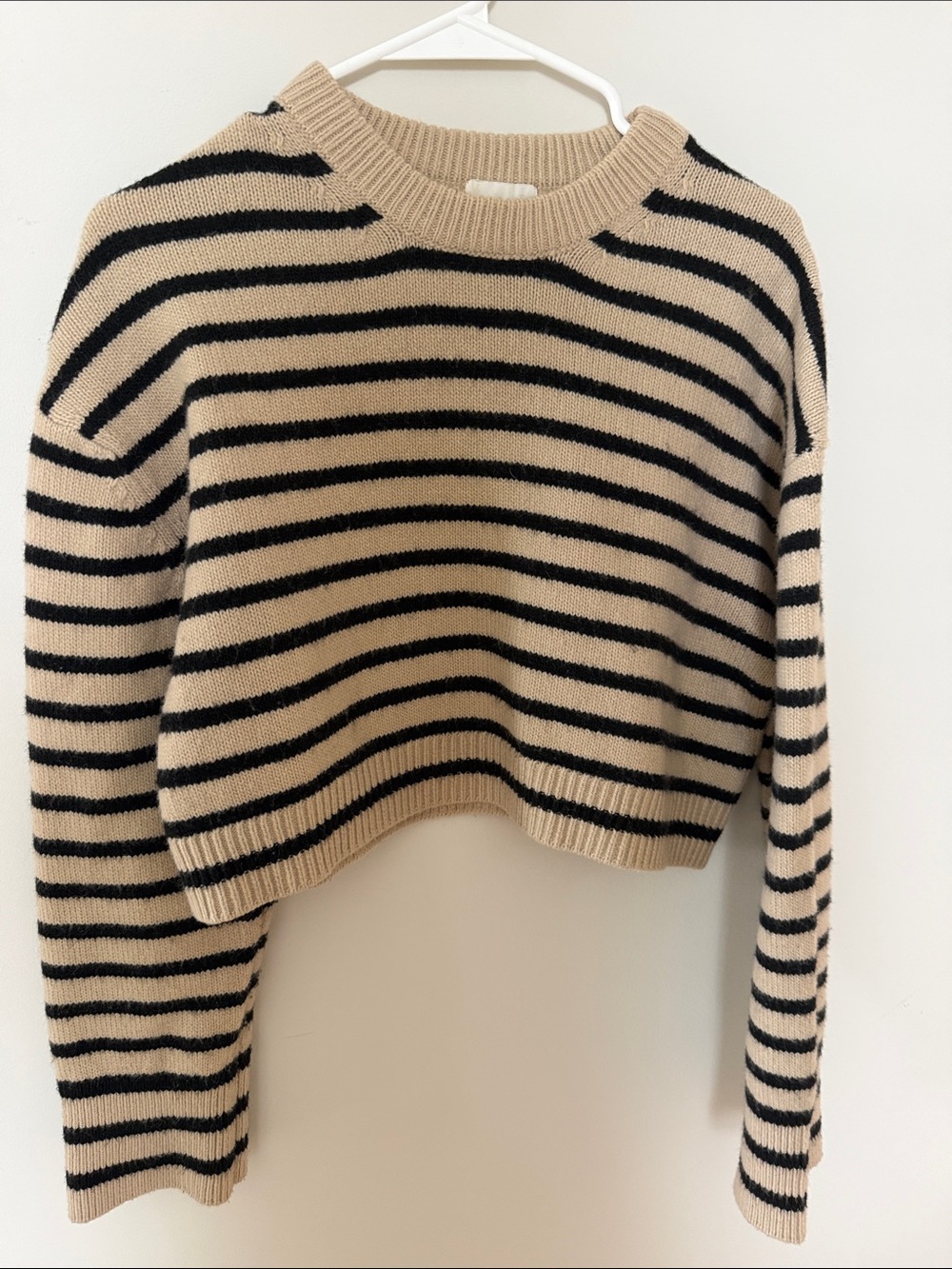 H&M Beige and Black Striped Crewneck Sweater